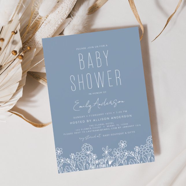 WildblomBoho Baby Shower Dusty Blue Elegant Inbjudningar (Skapare uppladdad)