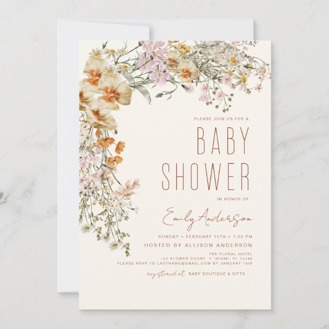 WildblomBoho Baby Shower Terracotta Modern Inbjudningar (Framsida)