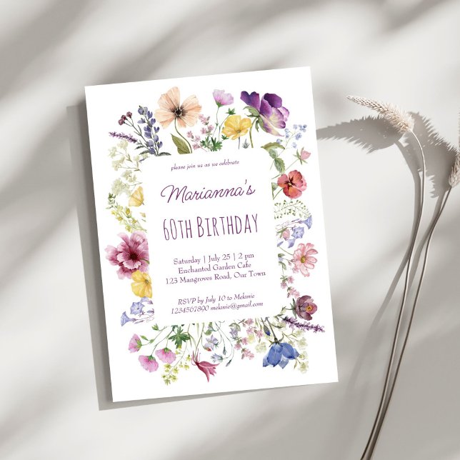 Wildblomboho-blommor lila födelsedagsfest inbjudningar (Wildflower boho flowers purple plum summer birthday party invitation template instant download)