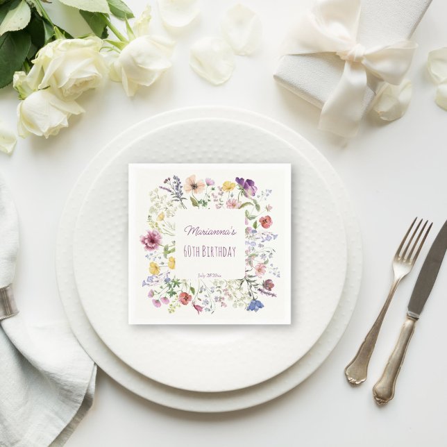 Wildblomboho-blommor lila födelsedagsfest pappersservett (Wildflower boho flowers purple plum birthday party personalized monogram printed napkins table decor)