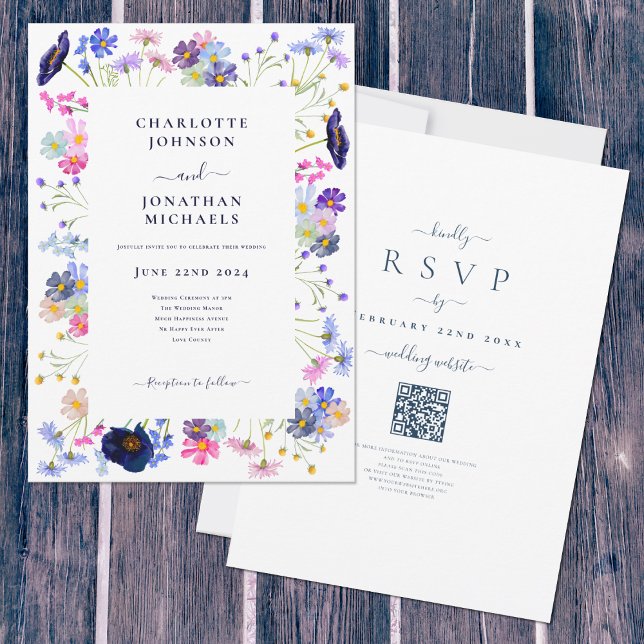 WildblomBoho Blue QR Code Bröllop Inbjudningar (Elegant boho chic wildflower watercolor wedding invitation with online rsvp qr code)