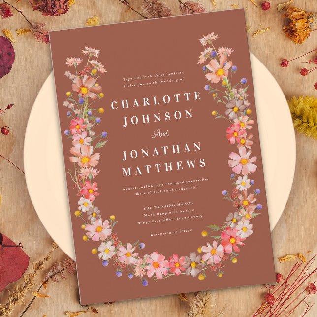 WildblomBoho Burnt Orange Fall Wedding Inbjudningar (Elegant wildflower boho burnt orange terracotta wedding invitation )