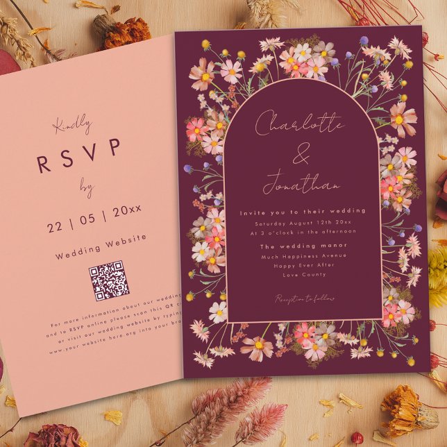 WildblomBoho Chic Arch Burgundy Fall Wedding Inbjudningar (Elegant wildflower arch burgundy terracotta burnt orange peach fall wedding invitation )