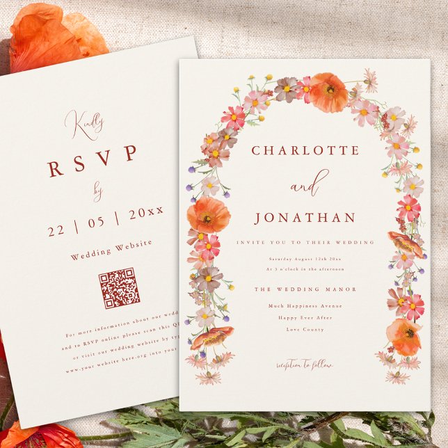 WildblomBoho Fall Wedding Inbjudningar (Boho wildflower arch fall wedding invitation orange qr code)