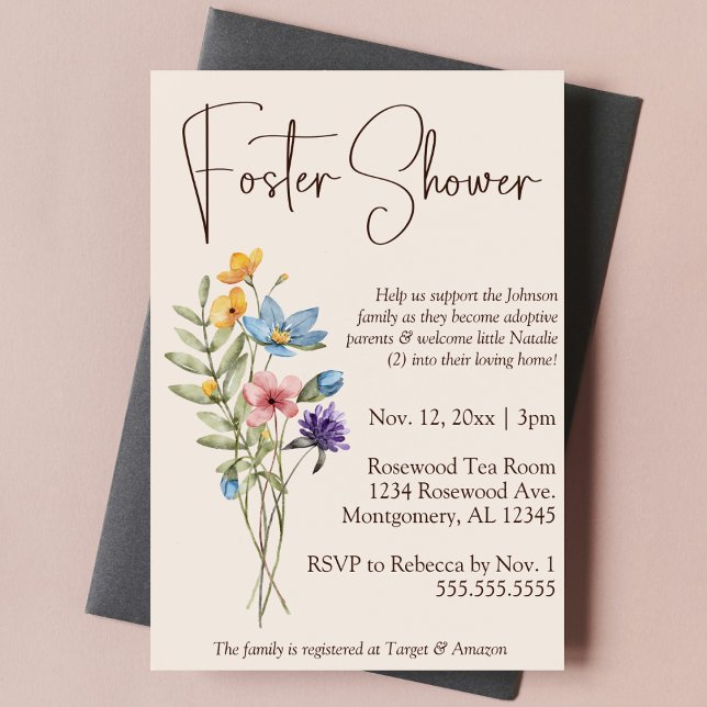 WildblomBoho Foster Care Baby/Child Shower Inbjudningar (Wildflower botanical nature foster care baby child shower invitation simple boho floral script type)