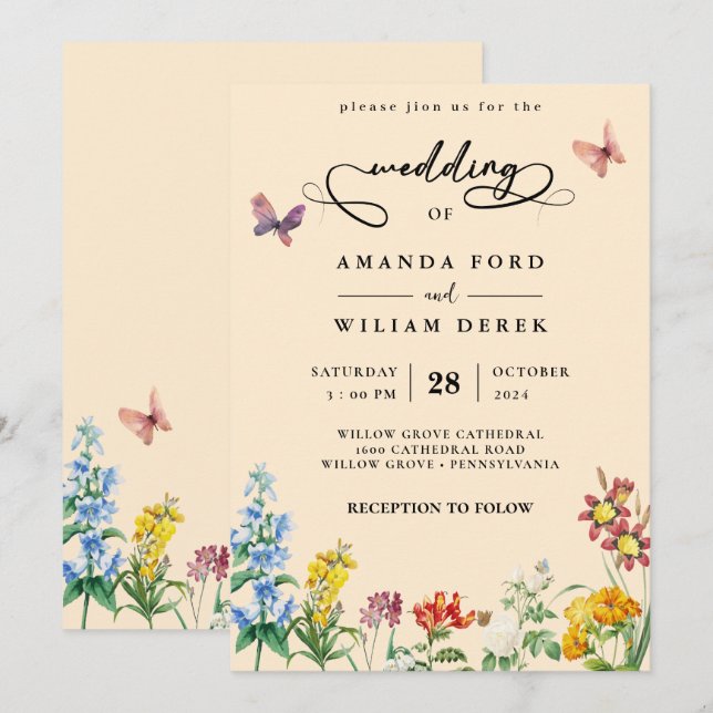 WildblomBoho Garden Wedding Inbjudningar (Fram/baksida)