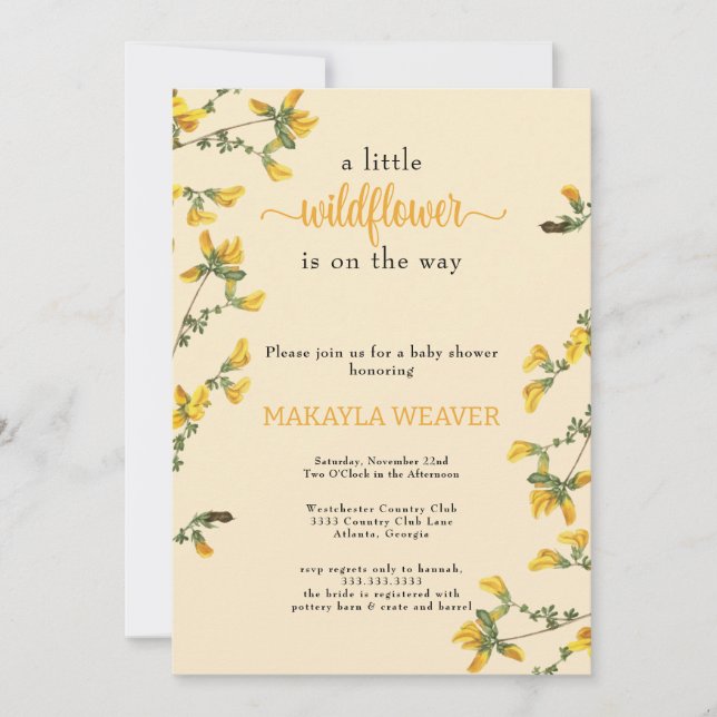 WildblomBoho gult Baby Shower Inbjudningar (Framsida)