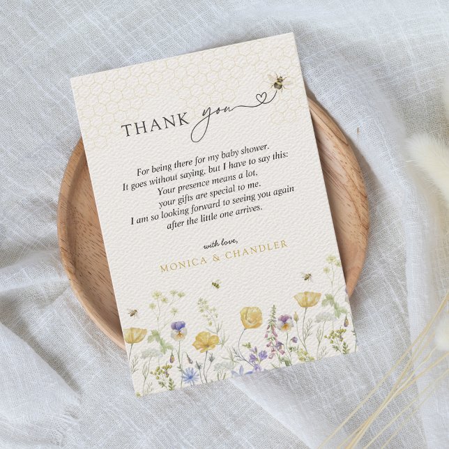 WildblomBoho Rustic Bee Garden Cute Baby Shower Tack Kort (Bee Meadow Wildflowers Mama to Bee Baby Shower Thank You Card Floral Garden Watercolor Minimalist)
