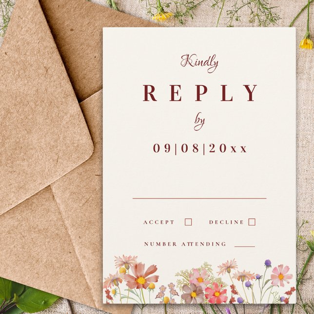 Wildblomboho Terracotta Fall Wedding Reply OSA Kort (Wildflower boho terracotta burnt orange fall wedding rsvp enclosure card)