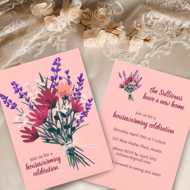 WildblomBouquet Cute New Home Houseuppvärmning Inbjudningar (Sweet custom housewarming party invitations with hand made wildflower bouquet. Digital also availabl)