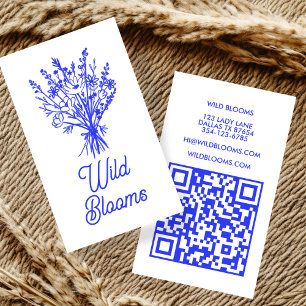 WildblomBouquet Rustic Minimal Blommigt Blue QR Visitkort
