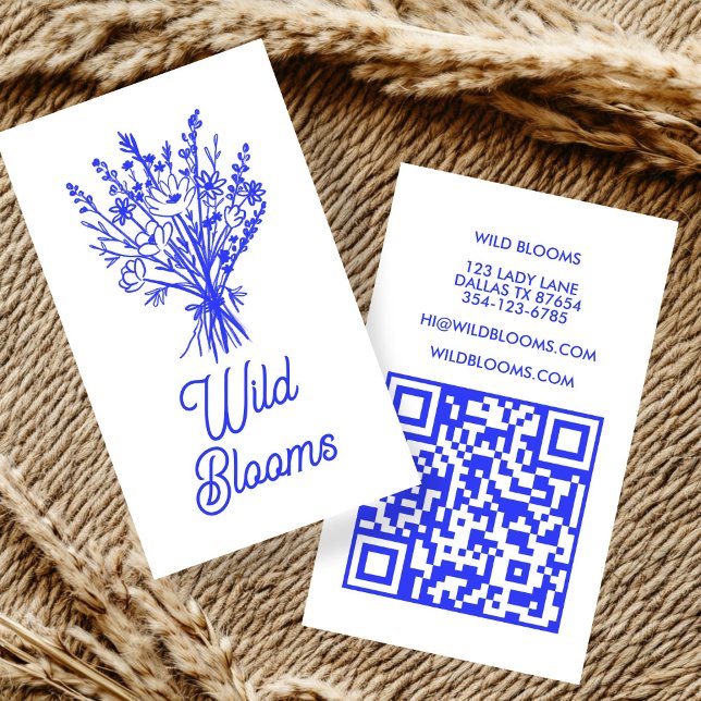 WildblomBouquet Rustic Minimal Blommigt Blue QR Visitkort (Wildflower Bouquet Rustic Minimal Floral Blue QR Business Card
)