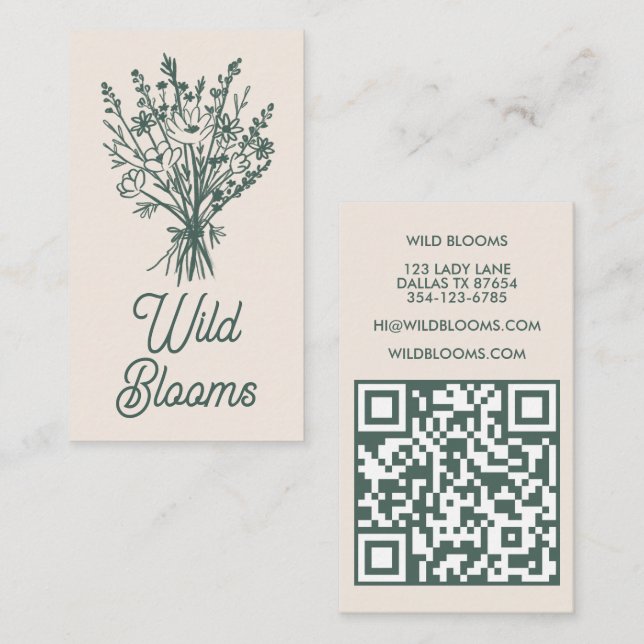 WildblomBouquet Rustic Minimal Blommigt Sage QR Visitkort (Fram/baksida)