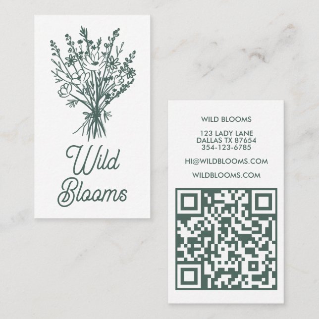 WildblomBouquet Rustic Minimal Blommigt Sage QR Visitkort (Fram/baksida)