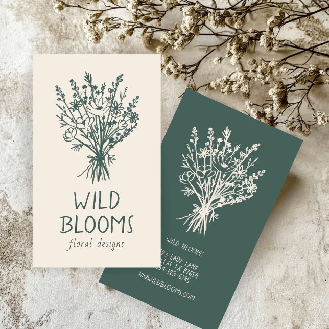 WildblomBouquet Rustic Minimum Simple Blommigt Visitkort (Wildflower Bouquet Rustic Minimal Simple Floral Business neutral Colors Card
)