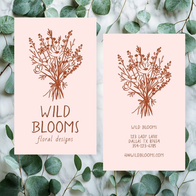 WildblomBouquet Rustic Minimum Simple Blommigt Visitkort (Wildflower Bouquet Rustic Minimal Simple Floral Pink Brown neutral Business Card
)