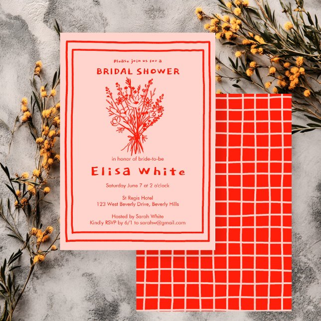 WildblomBouquet Rustic Whimsical Möhippa Inbjudningar (Wildflower Bouquet Rustic Whimsical Hand Drawn Grid Bridal Shower Invitation
)