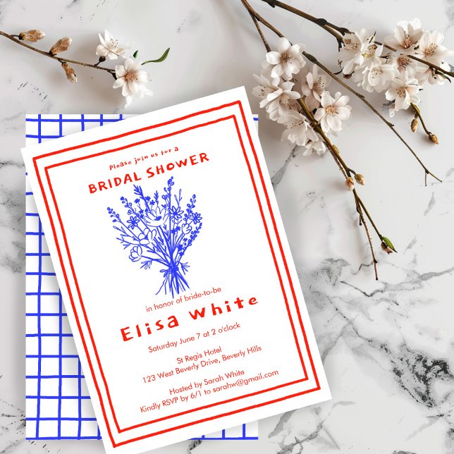 WildblomBouquet Rustic Whimsical Möhippa Inbjudningar (Wildflower Bouquet Rustic Whimsical Bridal Shower Invitation red Blue Chic)