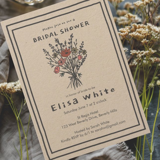 WildblomBouquet Rustic Whimsical Möhippa Inbjudningar (Wildflower Bouquet Rustic Whimsical Bridal Shower Kraft Paper Invitation
)