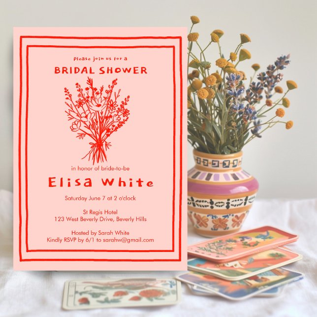 WildblomBouquet Rustic Whimsical Möhippa Inbjudningar (Wildflower Bouquet Rustic Whimsical Bridal Shower Invitation Red Pink Sketch Doodle Floral Charming)