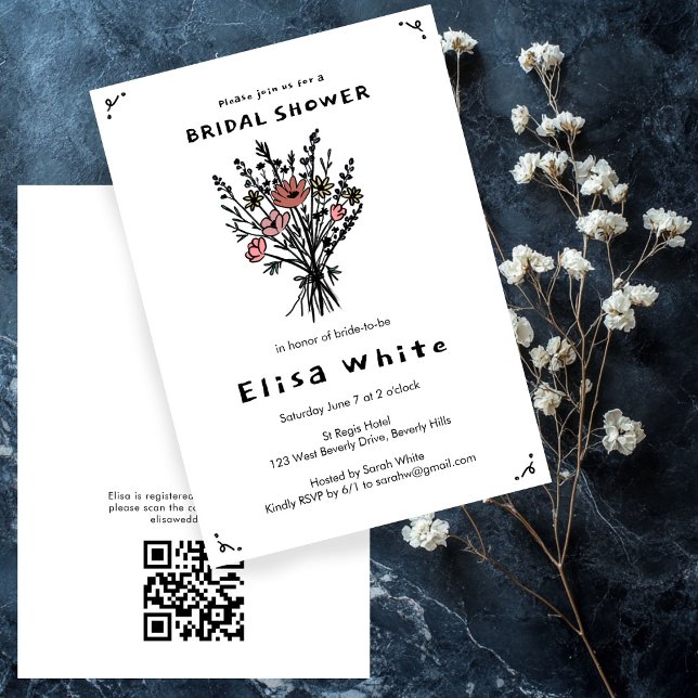 WildblomBouquet Rustic Whimsical QR Code Möhippa Inbjudningar (Wildflower Bouquet Rustic Whimsical QR Code Bridal Invitation
)