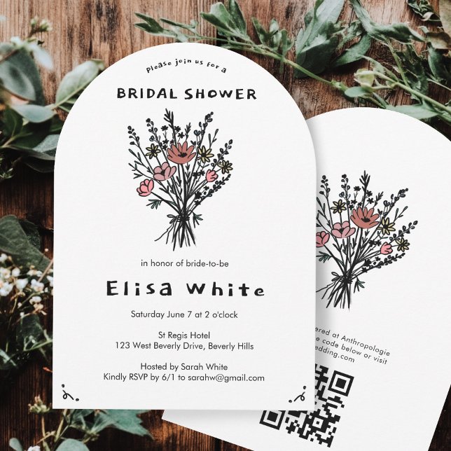 WildblomBouquet Rustic Whimsical QR Möhippa Arch Inbjudningar (Wildflower Bouquet Rustic Whimsical QR Bridal Arch Invitation
)