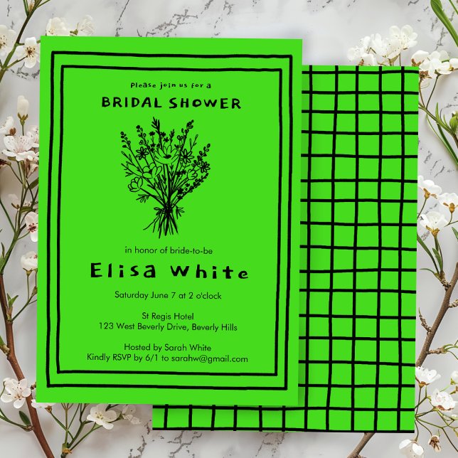 WildblomBouquet Whimsical Möhippa Fold Inbjudningar (Wildflower Bouquet Whimsical Bridal Shower Bold Lime Brat Neon Invitation
)