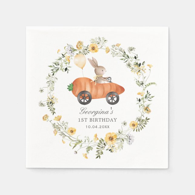 WildblomBunny Rabbit Riding Carrot Car Party Pappersservett (Framsidan)