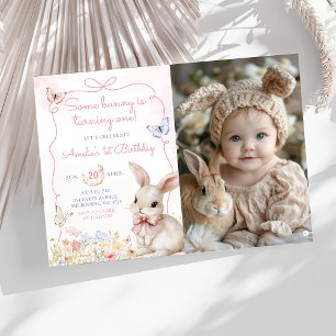 WildblomBunny Rosa Girl Birthday Photo Inbjudningar