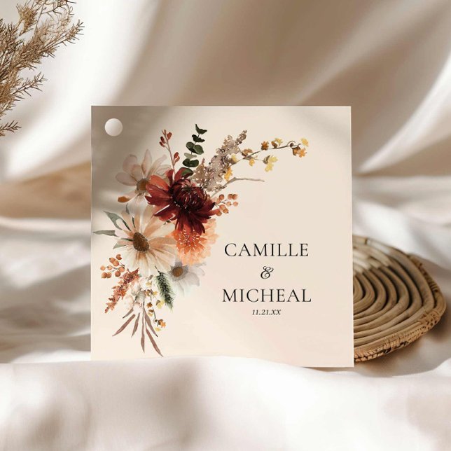 Wildblomburgundy Bröllop Gåvor Etiketter (Rustic Fall Floral Wedding Favor Tag)