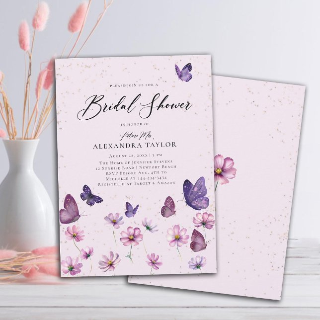 WildblomButterflies Lila Garden Möhippa Inbjudningar (Wildflowers Butterflies Purple Garden Bridal Shower invitation elegant boho rustic romantic elegant)