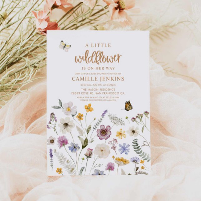 WildblomButterfly Girl Baby Shower Inbjudningar ( A little Wildflower and Butterfly Girl baby shower invitation)