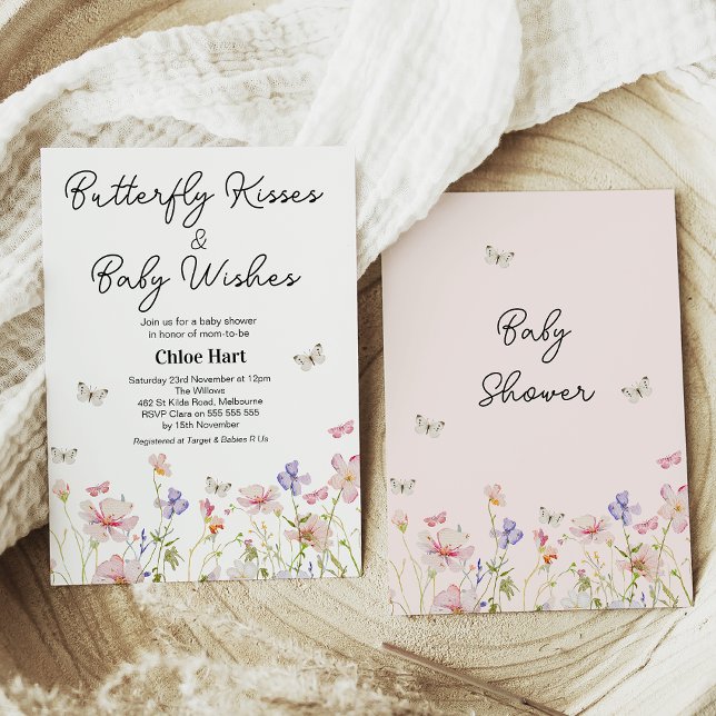 WildblomButterfly Kisses Baby Wish Baby Shower Inbjudningar (Editable Wildflowers Butterfly Kisses and Baby Wishes Baby Shower Invitation,  Baby Shower Invite)