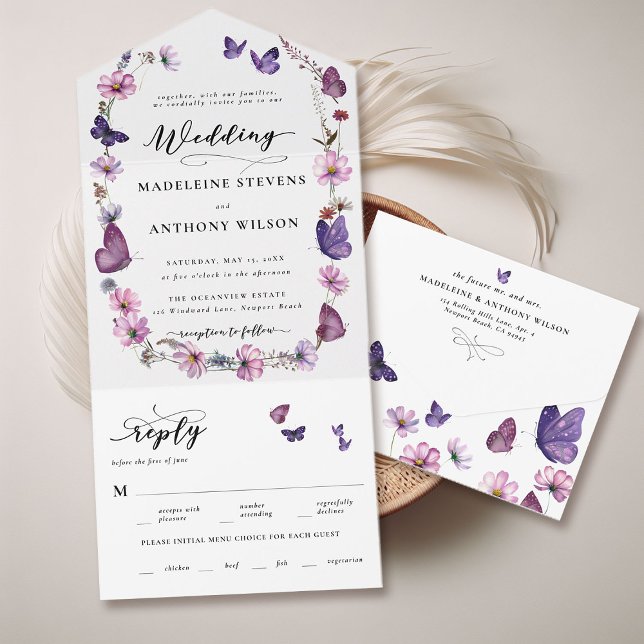 WildblomButterfly Romantic Garden Party Bröllop (whimsical wildflowers butterflies garden party seal and send tri fold wedding invitation watercolor )