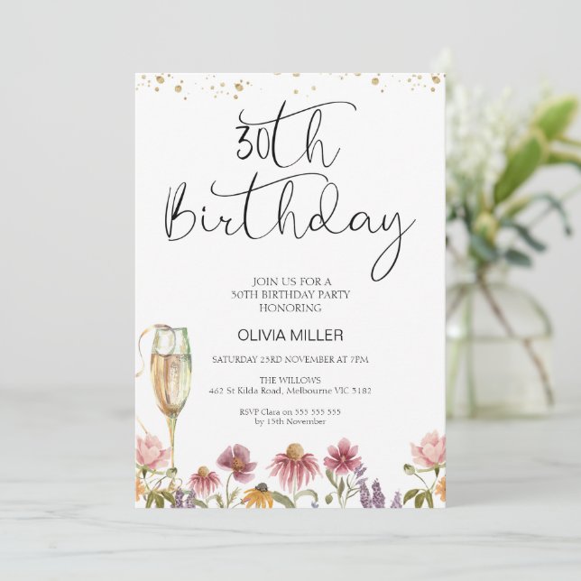 WildblomChampagne Glass 30års födelsedag Inbjudningar (Stående Fram)