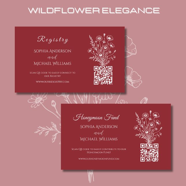 Wildblome Elegance-Registry-Honeymoon Visitkort (Wildflower Elegance Wedding Registry and Honeymoon Fund-Red-Rustic, country, bohemian, boho, elegant)