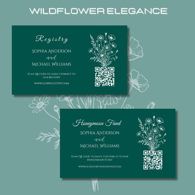 Wildblome Elegance-Registry-Honeymoon Visitkort (Wildflower Elegance Wedding Registry and Honeymoon Fund Emerald Green, Rustic, Country Bohemian)