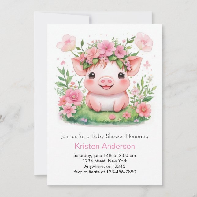 WildblomFarmyard Piglet Girl Baby Shower Inbjudningar (Framsida)