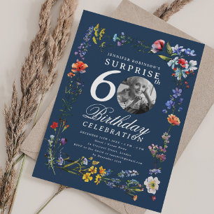 Wildblomfoto SURPRISE 60:e födelsedagsblått Inbjudningar