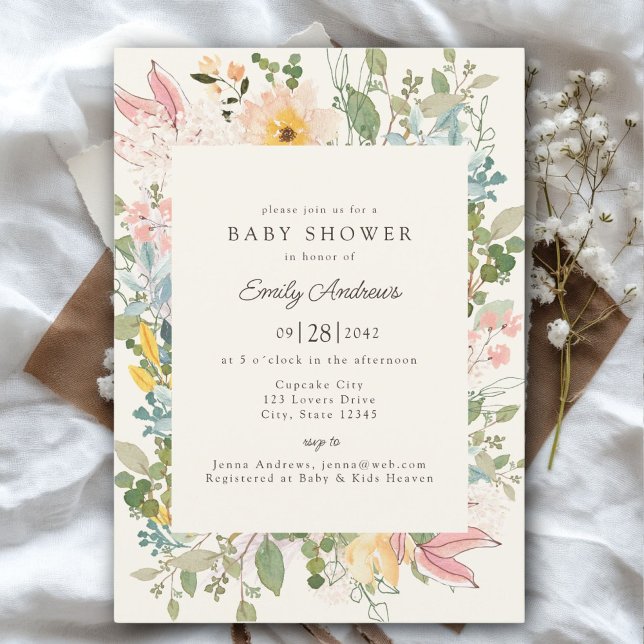 WildblomGarden Charm | Baby Shower Inbjudningar (Wildflower Garden Charm | Baby Shower Beige - Pastel Invitation, Print & Download.)