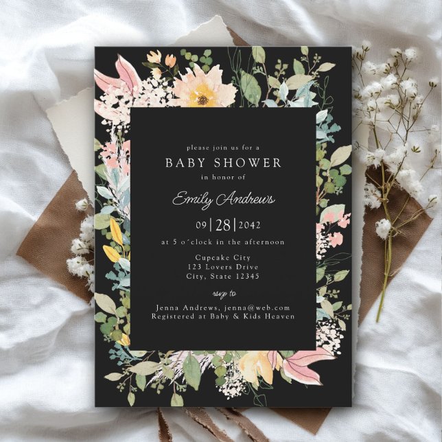 WildblomGarden Charm | Baby Shower Inbjudningar (Wildflower Garden Charm | Baby Shower Black - White - Pastel Invitation, Print & Download.)