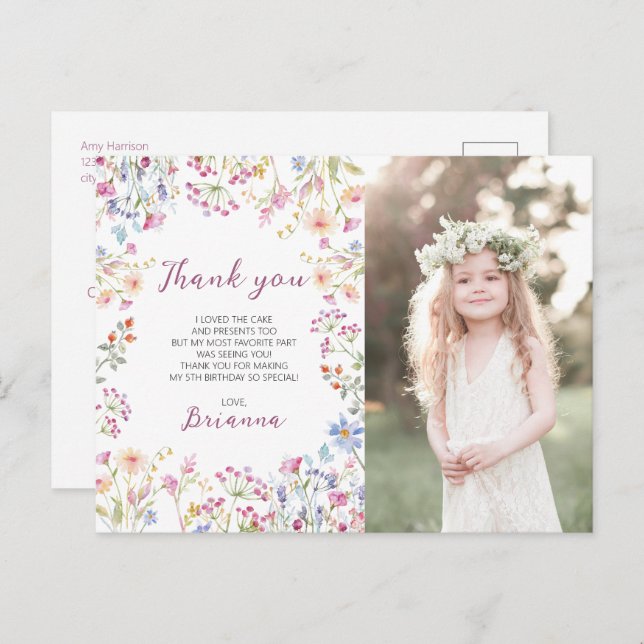 WildblomGarden Theme Girl vattencolor Tack Vykort (Fram/baksida)