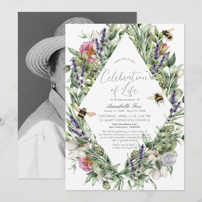 WildblomGreenery Bee Funeral Memorial Inbjudningar (Fram/baksida)