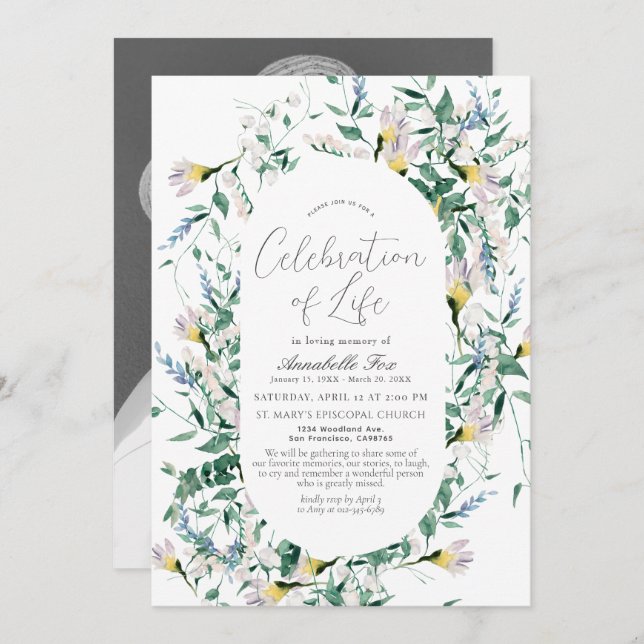 Wildblomgreenery Funeral Memorial Inbjudningar (Fram/baksida)