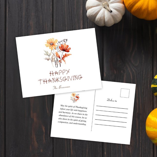 Wildblomkall Modern Rustic Thanksgiving Helg Vykort (Wildflower Fall Modern Rustic Thanksgiving Holiday Postcard)