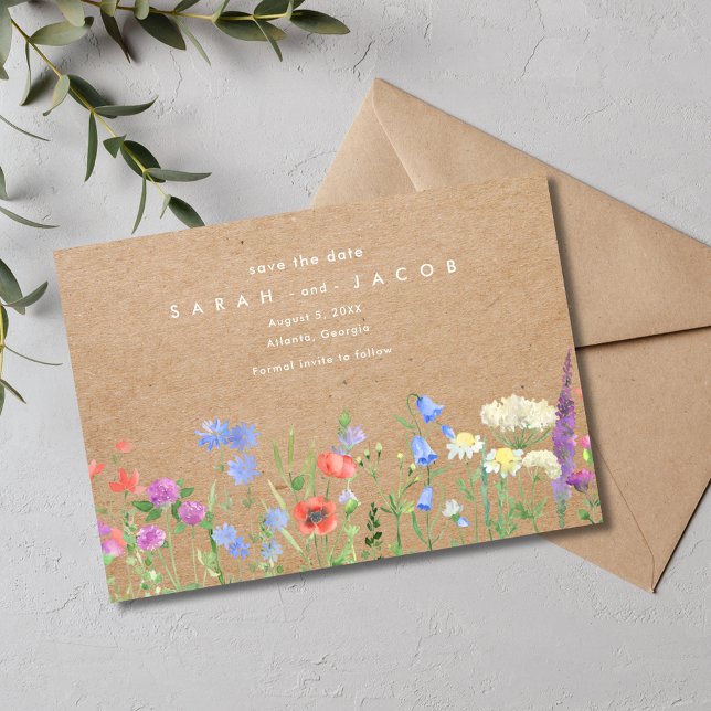 WildblomKraft Pappra Rustic Bröllop Spara Datumet (Wildflower Kraft Paper Rustic Wedding Save The Date)