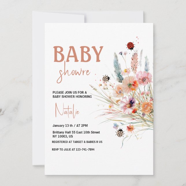 Wildblomlabybug Pampas Grass Baby Shower Inbjudningar (Framsida)