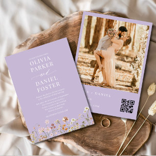 Wildblomlavender Lila QR-kod Foto Bröllop Inbjudningar