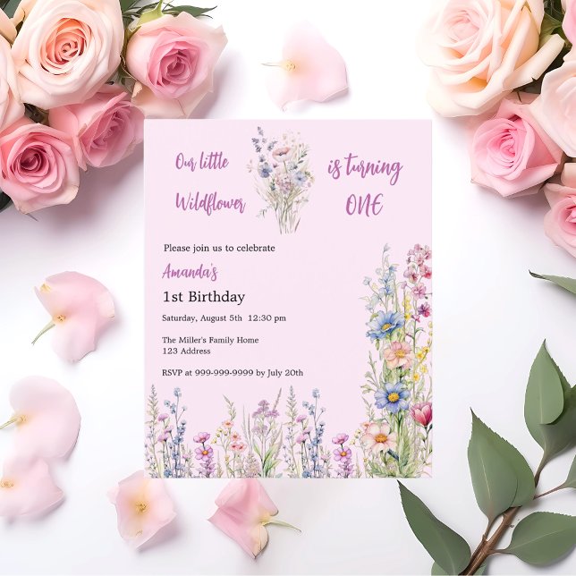 Wildblomma 1:a födelsedag - inbjudan till rosa (Skapare uppladdad)