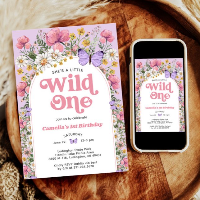 Wildblomma 1:a födelsedagsinbjudan inbjudningar (Butterfly Wildflower 1st Birthday Invitation
)